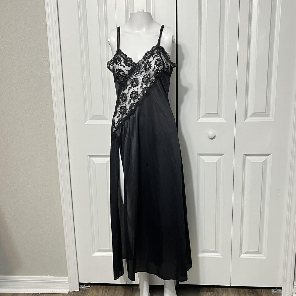 Fredericks Of Hollywood Vintage 70s Gown Flapper Satin Lace Chemise Maxi Slit